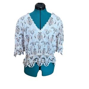 Anthropologie Embroidered Cottage-core Organic V Neck Flared Sleeve Blouse